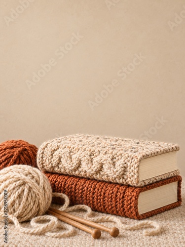 Knitted Book Covers and Wooden Needles with Wool Thread Against Oatmeal