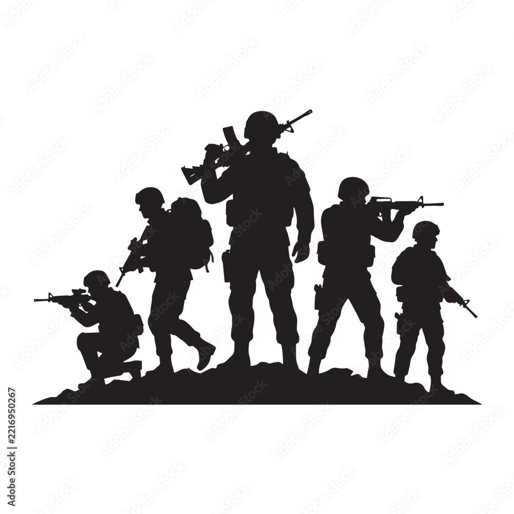 Fototapeta premium Black silhouette of a squad of military soldiers with rifles vector illustration