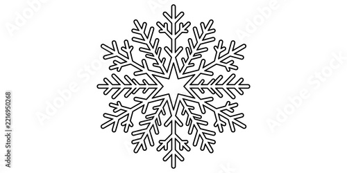Symmetrical snowflake line art icon with intricate patterns for winter seasonal decoration and graphic design projects.