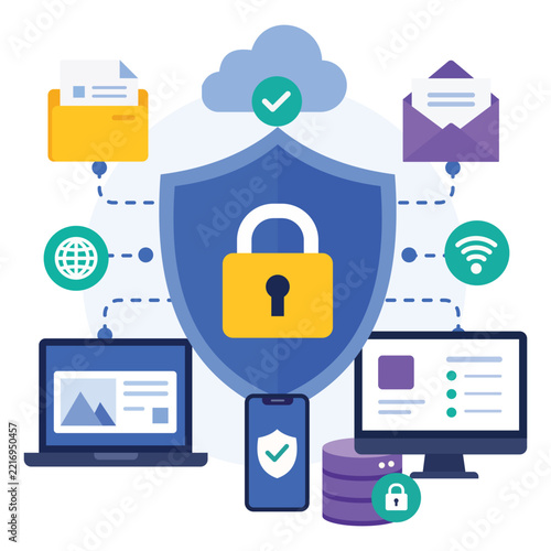 Flat vector infographic showing cybersecurity concepts with connected devices and locked elements