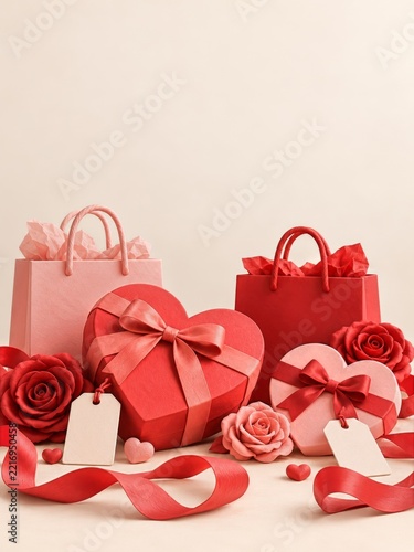 Clay Heart Gift Boxes and Rose Decorations with Pink Shopping Bags