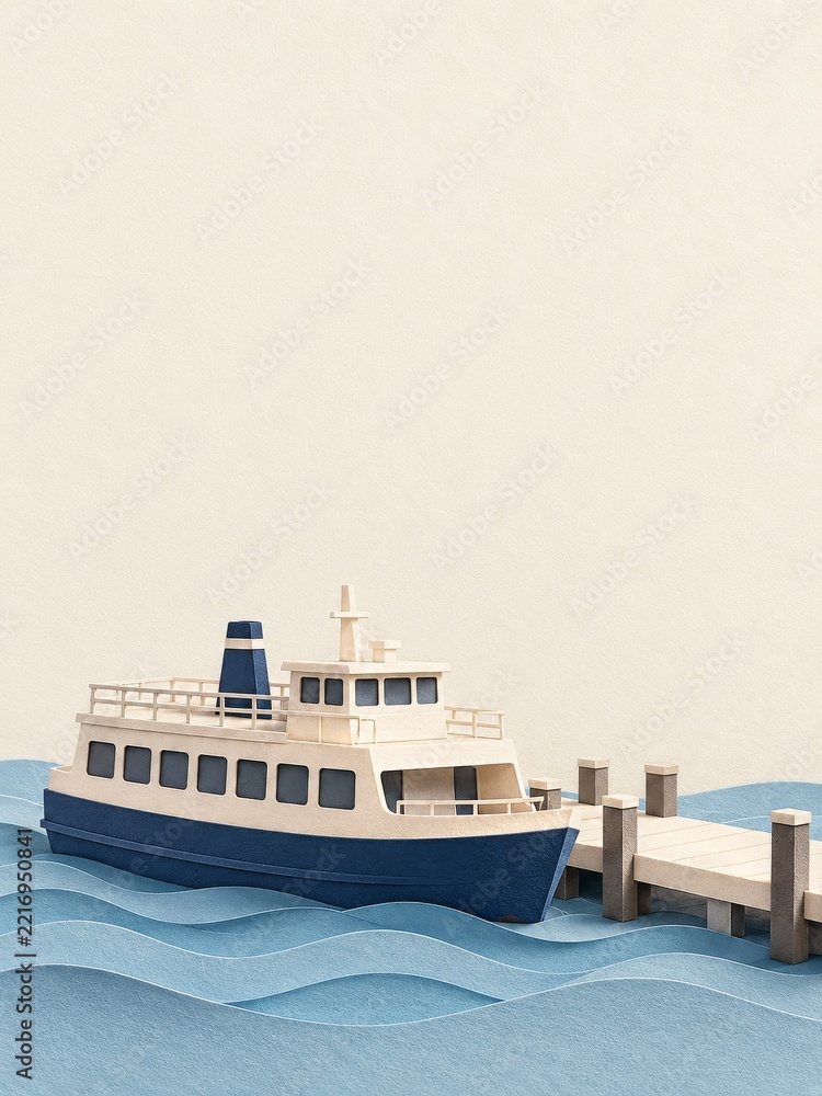Fototapeta premium Cream and navy paper ferry beside a miniature pier on layered blue waves