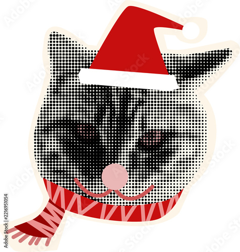 Halftone cat head in festive red santa hat, with patterned winter scarf and pink nose. Perfect for christmas designs and holiday themes.