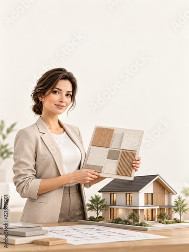Woman architect holding material samples beside a miniature house model