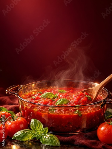Steaming Tomato Sauce in an Amber Glass Pot with Basil on Deep Red