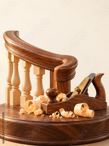 Curved Walnut Handrail with Carpenter Plane and Maple Shavings on Pedestal
