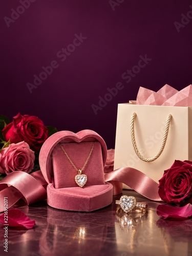 Heart Gemstone Pendant and Ring with Pink Velvet Box and Dark Roses