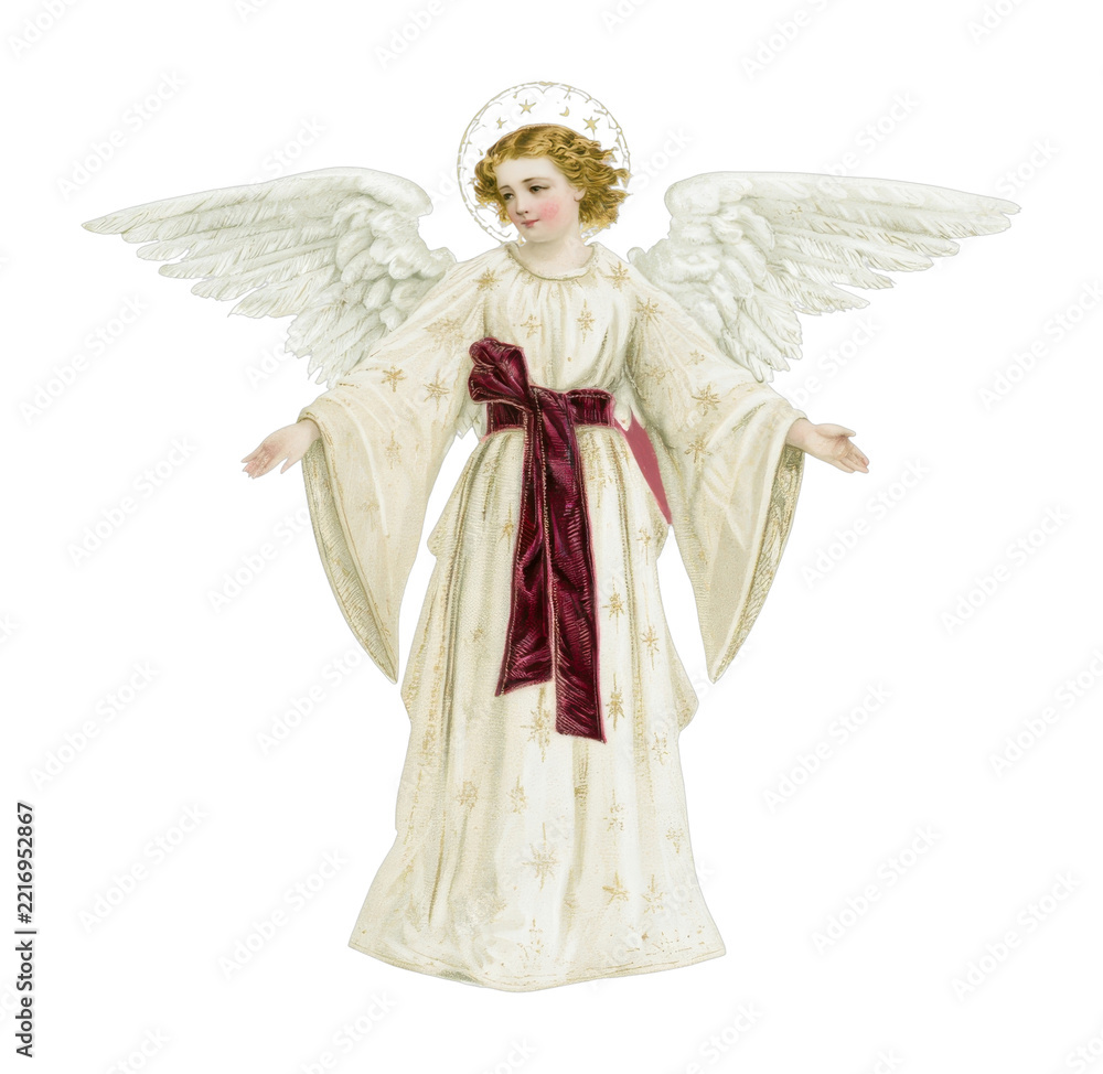 Fototapeta premium PNG Vintage Christmas angel illustration with wings and burgundy sash