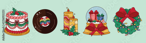 Groovy Christmas treats and vinyl record clipart set. Retro holiday sweets, cake, vinyl record and snowglobe illustration in mid century modern style