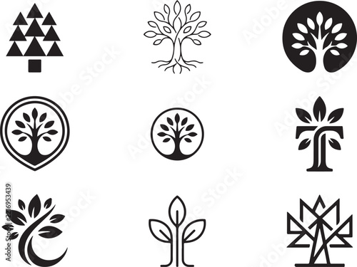 Nature Tree and Plant Logo Icon Set (Black and White)