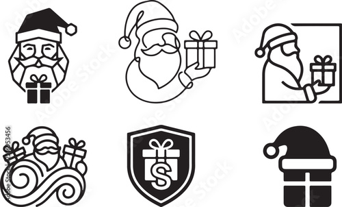 Santa Claus and Christmas Gift Icons Set (Black and White)
