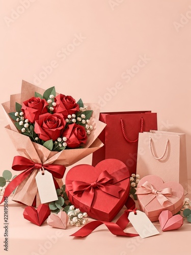 Origami Rose Bouquet and Heart Gifts with Pink and Red Shopping Bags