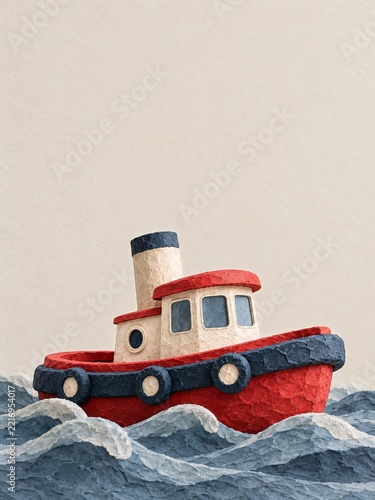 Red and cream textured tugboat riding sculpted blue paper ocean waves