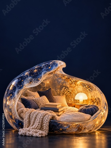 Resin Reading Nest with Tiny Pillows and Books Against Midnight Navy