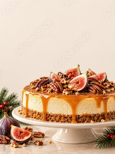 Caramel cheesecake with pecans and fresh figs on a cream backdrop