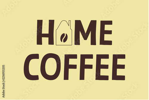 Illustration of a brown coffee logo on a pastel yellow background. A warm cup of homemade coffee served in a cozy home setting, creating a relaxing and comforting atmosphere.
