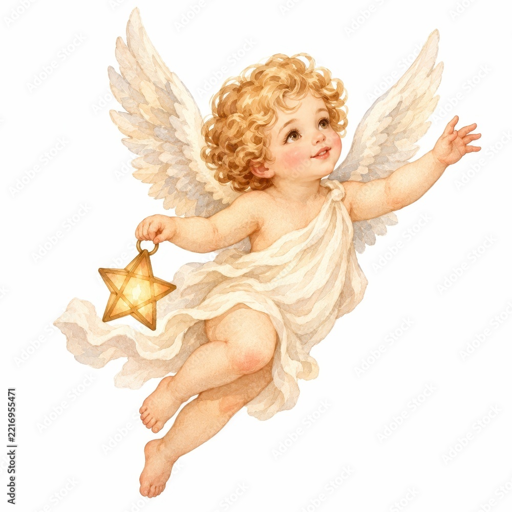 Fototapeta premium Cherub angel flying with star lantern and feathered wings