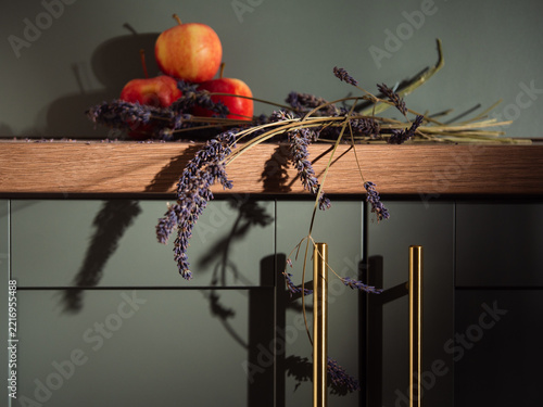 Dried lavender and autumn fruit apples in country kitchen