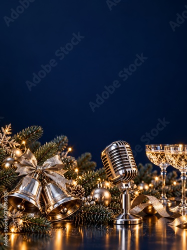 Silver Bells with a Vintage Microphone, Crystal Glasses and Fir Against Navy