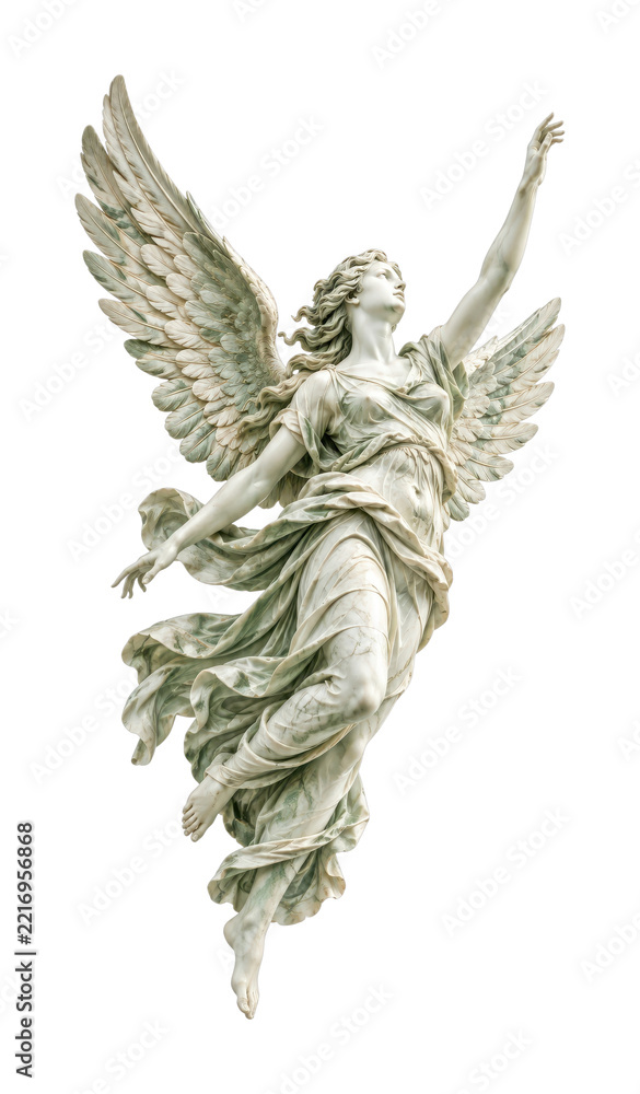 Fototapeta premium PNG Elegant winged angel statue soaring against a white background