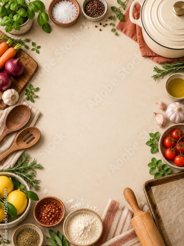Overhead Kitchen Ingredients Border with a Cream Pot and Open Beige Center