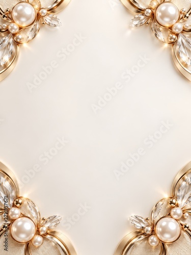 Pearls and crystal leaves in ornate golden corners around an ivory center