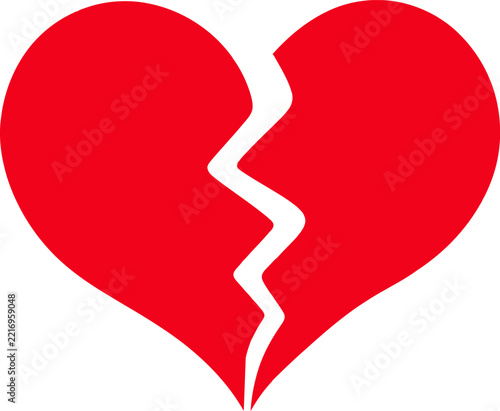 Red broken heart icon, cracked love symbol graphic, divorce and separation vector illustration, emotional heartbreak sign.