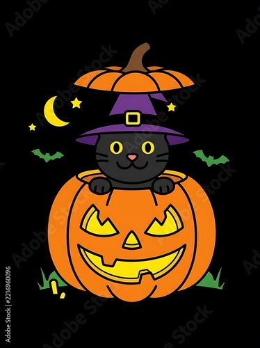 Cute black cat wearing witch hat peeking from carved pumpkin during night with crescent moon and stars