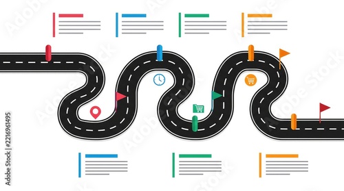 Winding road infographic timeline template with colorful markers and