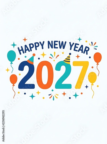 Happy New Year 2027 text with festive balloons and confetti during celebration