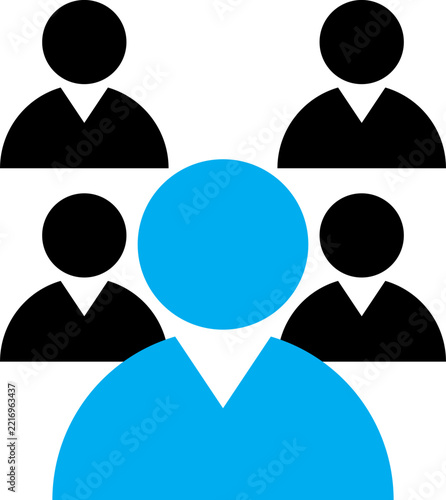 Illustration of a leader in blue against a white background. A confident leader standing in a professional environment, representing leadership, vision, teamwork, responsibility, and business success.