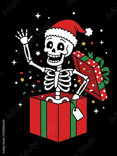 Skeleton in a Christmas gift box waving hello with confetti and stars on black background