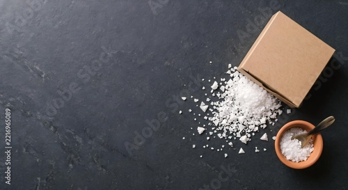 Flaky Sea Salt and Kraft Cardboard Box on Dark Granite Flat Lay
