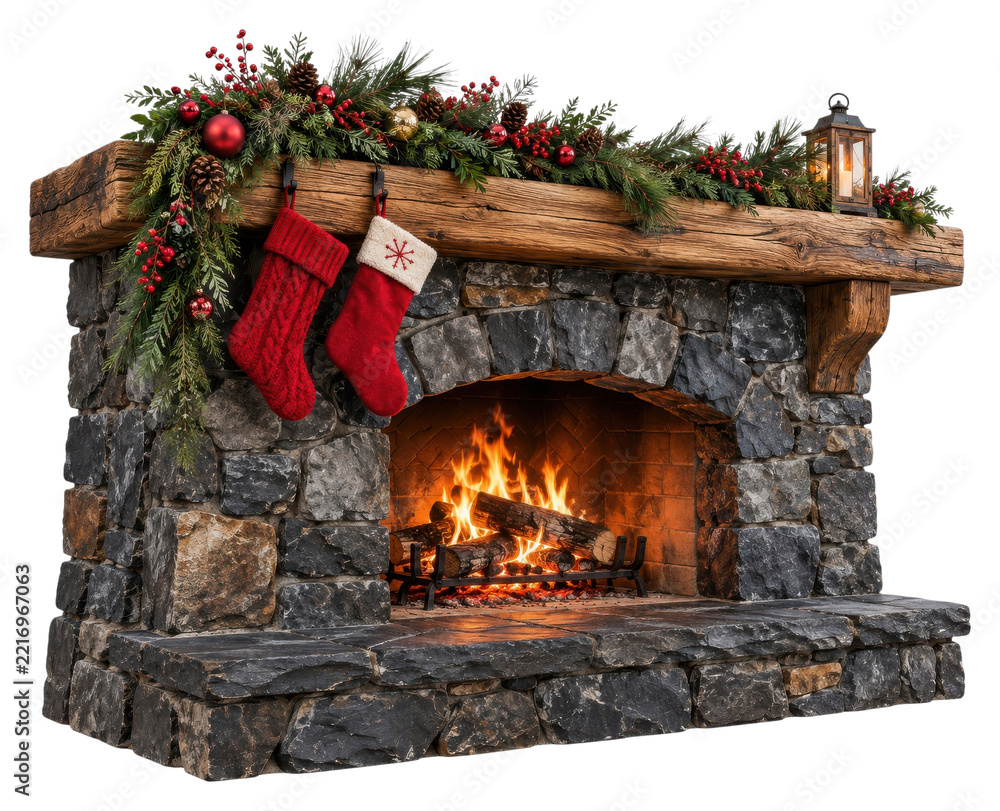 Fototapeta premium Festive stone fireplace with stockings, greenery, and fire, PNG transparent background