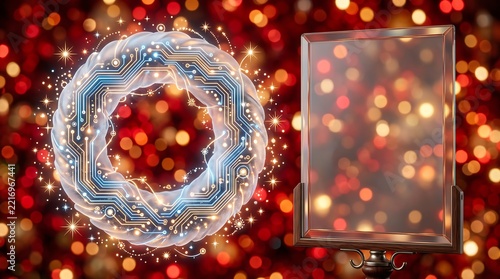 Abstract circular circuit board pattern with a rectangular frame on a red bokeh light background