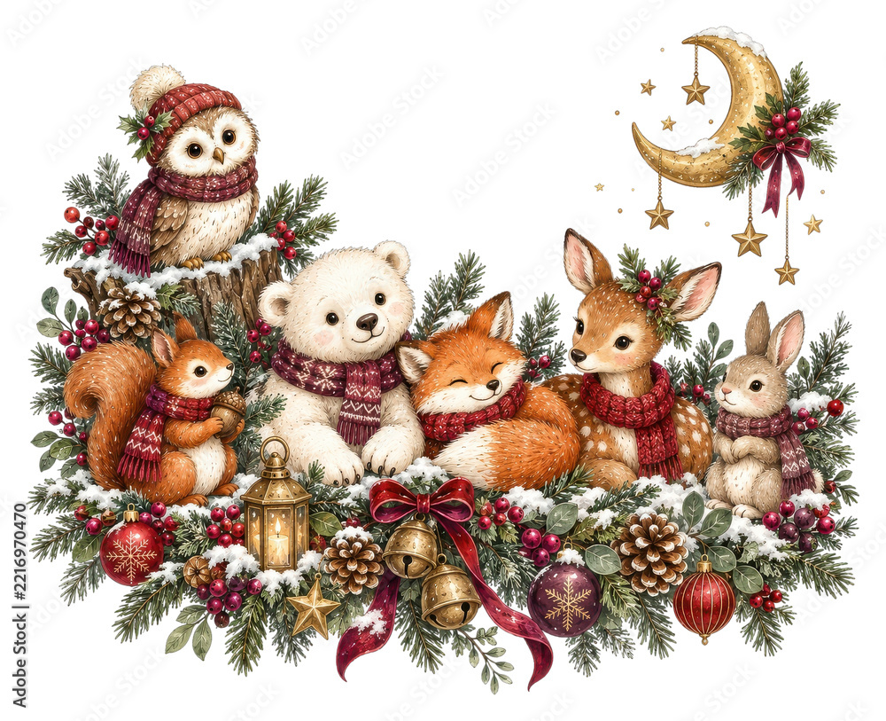 Fototapeta premium PNG woodland animals in winter scarves with crescent moon, transparent background
