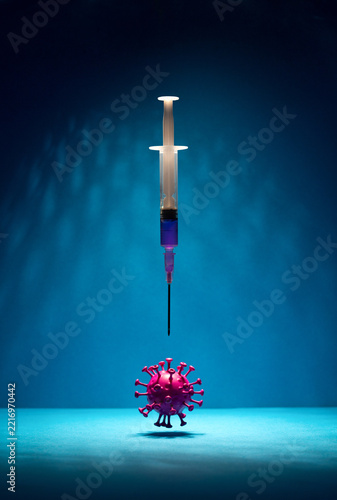 Vaccine Syringe and Virus Particle Medical Illustration