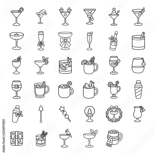 Christmas cocktail line art set with holiday drinks for festive party