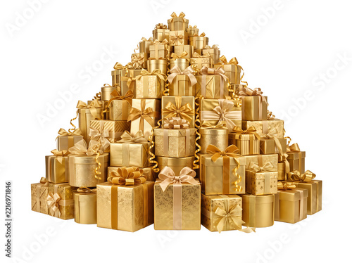 A Mountain of Gold Gift Boxes: An overwhelming pyramid of beautifully wrapped gold gift boxes, each adorned with luxurious ribbon and bows, evokes feelings of opulence and abundant rewards.