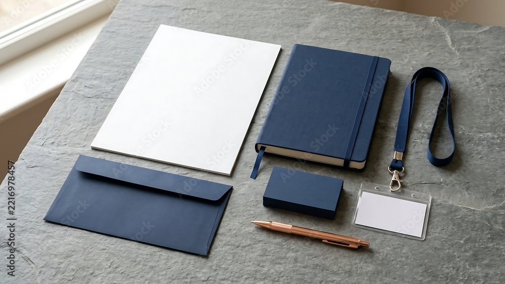 Fototapeta premium Minimalist corporate identity stationery mockup featuring blank blue notebook, envelope, business cards, white letterhead, lanyard, and rose gold pen on a textured grey stone surface.