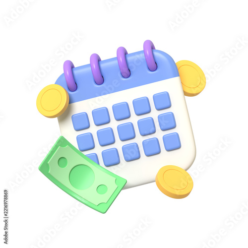 3D render of a blue and white desk calendar surrounded by gold coins and green paper money against a solid perfect for financial planning and schedules.3d render