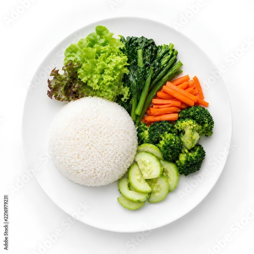 Top view of steamed white rice dome served with broccoli carrots cucumber lettuce and greens on white plate isolated on white background
