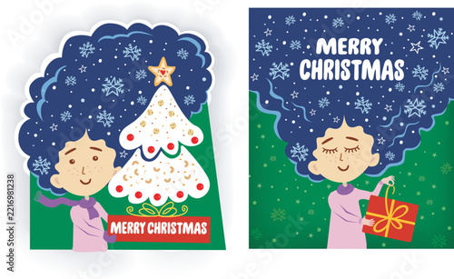 Smiling young girl with snowflakes in her hair. She is waiting with surprise for what will be wrapped as a Christmas gift. Vector illustration
