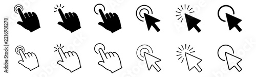 Cursor and hand click icon set. Pointer arrow and finger tap symbols with click effects in solid and outline styles for website, button, link, interface, UI, app and tutorial design.