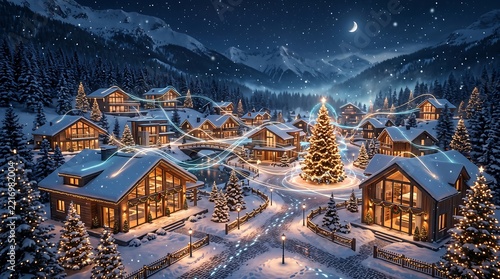Cozy winter village with glowing christmas tree and snow covered houses at night
