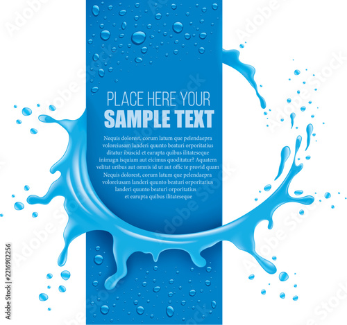 Many water drops on blue background with splash. You can place your text. Vector illustration
