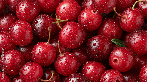 A close-up of fresh red cherries with glistening water droplets. Ideal for healthy food marketing and refreshing dessert themes.