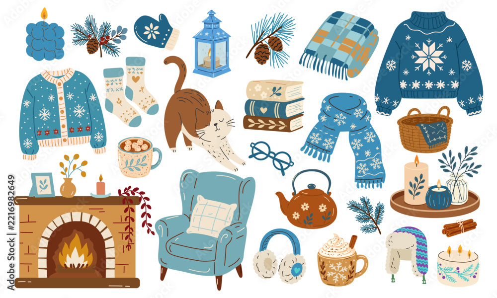 Fototapeta premium Cozy winter hygge vector set with fireplace, sweaters, scarf, candles, hot cocoa, cat, armchair, books and warm home accessories for seasonal designs