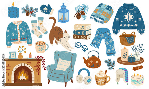 Cozy winter hygge vector set with fireplace, sweaters, scarf, candles, hot cocoa, cat, armchair, books and warm home accessories for seasonal designs