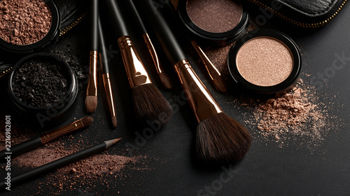 Professional makeup brushes and eyeshadow pigments arranged on a dark black background. Perfect for beauty industry advertising or cosmetic product marketing campaigns.